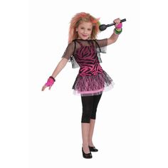 Get ready to dress up and dance in the mirror with the Forum Novelties Child 80s Punk Rock Star Girl Costume. This costume comes with a pink and black zebra print shirt with an attached pink tulle skirt with a lace overlay and a black mesh top that is worn over the tank. This is a great costume to dress up and dance to old Madonna songs! You'll feel like a pop star with the Forum Novelties Child 80s Punk Rock Star Girl Costume. Decades Costume Ideas, 80s Girl Costume, Rockstar Costume, Rock Costume, Rock Star Costume, Apple Costume, Rockstar Party, Star Costume, Rock Star Party