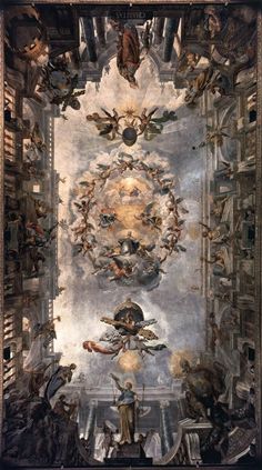 an ornate painting on the ceiling of a building