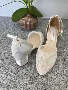 "Classic Wedding comfortable block 2 1/4\" heel shoes, front lace and satin heel adorned with a beautiful beaded with pearls edging embellishment, please look at the pictures. available in sizes: 5M to Please look at all the pictures! contact for additional questions, or concerns. NO RETURNS NO EXCHANGES, FINAL SALE, PLEASE CONTACT FOR ANY QUESTIONS CONCERNS." Lace Low Heel Wedding Shoes, Formal Wedding Shoes With Lace Trim And Closed Toe, Elegant Low Heel Wedding Shoes With Lace Trim, Closed Toe Wedding Shoes With Lace Trim, Lace Closed Toe Heels With Lace Trim, Lace Closed Toe Wedding Shoes For Formal Occasions, Lace Trim Closed Toe Heels, Formal Lace Wedding Shoes With Closed Toe, Lace Heels With Lace Trim For Wedding