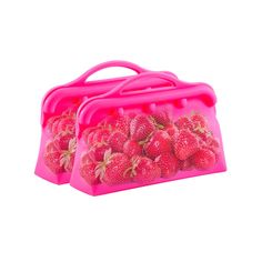 two pink lunch boxes with strawberries on them