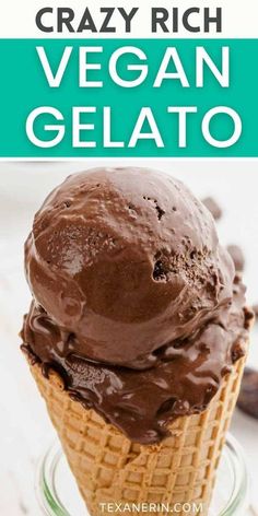 an ice cream sundae with chocolate frosting in a waffle cone and text that reads, crazy rich vegan gelato