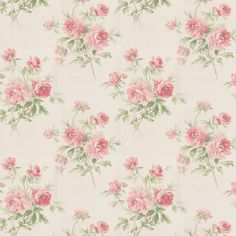 a pink flowered wallpaper with green leaves and flowers on white background is shown