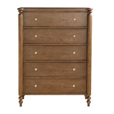 the chest of drawers is made from wood and has five drawers, one with four knobs on each side