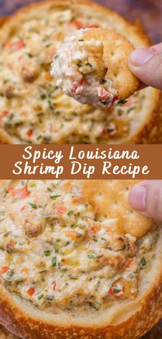 a hand holding a piece of bread with dip in it and the words spicy louisiana shrimp dip recipe on top