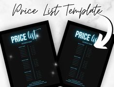 two price list cards with purple lights on the front and back, in black frame