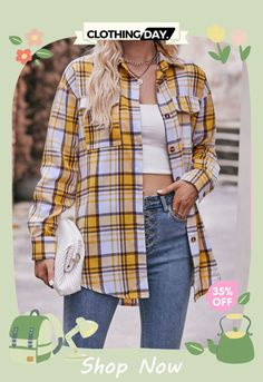 Vintage Fashion Plaid Lapel Oversize Long Sleeve Blouse for Lady Sleeve Blouse, Long Sleeve Blouse, Top Blouse, Vintage Fashion, Plaid, Yellow, Long Sleeve, Women's Top, Clothes