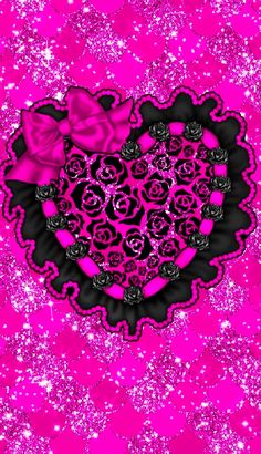 a pink and black heart with roses in the middle on glittery pink wallpaper