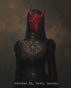 a woman in a black dress with a red mask on her head and the words, october 24 devil inside