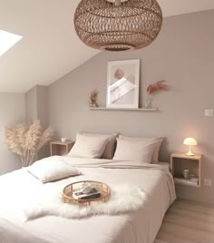 a white bed sitting under a light fixture in a bedroom next to a lamp shade