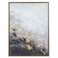 an abstract painting with gold and grey paint on the canvas, framed in wood frame