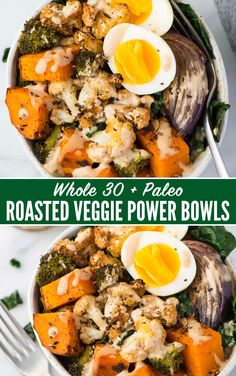 two bowls filled with roasted veggie power bowls and one has an egg on top