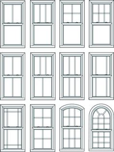 several different types of windows with archeds and panes on each window, all drawn in