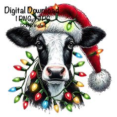 a black and white cow wearing a christmas hat with lights on it's head