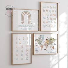 three framed pictures hang on the wall with numbers and letters in them, one is for children's room