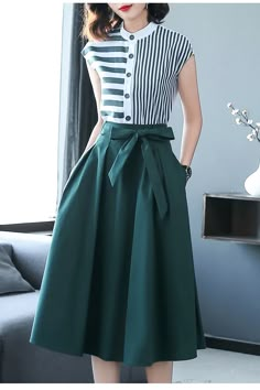 Two Piece Set Casual Striped Shirts Blouses and Bow Midi Skirt – Tomscloth Elegant Dresses For Women Classy, Casual Striped Shirt, Women Dresses Casual Summer, Striped Shirts, Long Kurti Designs, Skirt Suit Set, Short Dresses Casual, Maxi Dress Party, Professional Outfits