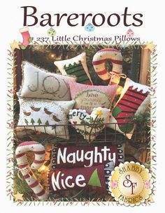 the cover of an illustrated book with christmas pillows and stockings on display in front of a tree