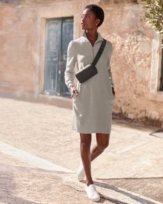 Quarter-Zip French Terry Dress | Garnet Hill Work Out Dress, Late 20s Fashion, Dresses With Sneakers Outfit, Travel Dresses For Women, Dresses With Sneakers, Dresses With Tennis Shoes, Linen Beach Dress, Terry Dress, French Terry Dress