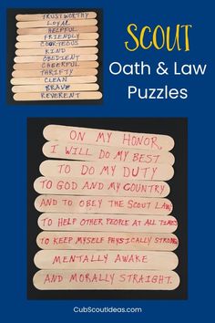 four pieces of wood with words written on them and the words scout, oath & law puzzles