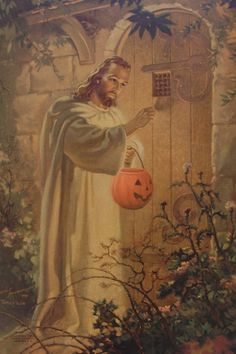 a painting of jesus holding a pumpkin in his hand