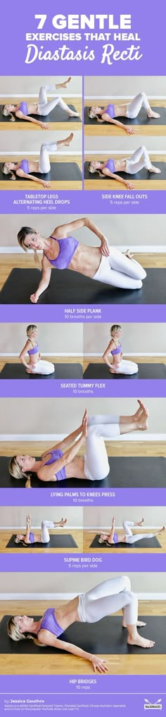 a woman doing yoga poses on a mat with the words 7 gentle stretches for beginners