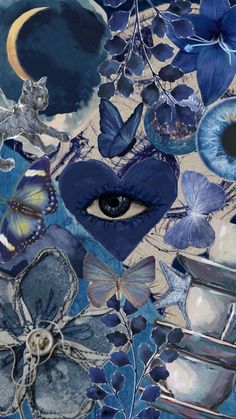 an artistic painting with blue flowers and butterflies on it's face, surrounded by other items