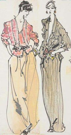 two women are standing next to each other wearing long skirts and jackets with buttons on them