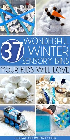 snowmen and other winter activities for kids to play in the snow with text overlay that reads 37 wonderful winter sensory bins your kids will love