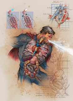 a drawing of a man spraying water on his body with the help of an oxygen hose