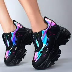 If You Long To Never Die Plug An And Upload Your Mind With The Anthony Wang X Lasr Exclusive Neuromancer Platform Sneakers. These Futuristic Rave Platform Sneakers Feature A Black Vegan Leather Upper With Iridescent Contrasting Detail, Pu Cable And Embossing Accents, An Easy Slip-On Style, Chunky Tread Bottoms, And Cushioned Hidden Interior Heel. With These Cute Sneakers The Party Never Has To End! Lasr Exclusive Neuromancer Platform Sneakers 2” Wedge Heel, 1” Platform Vegan Leather Outer Irides Scifi Shoes, Cyberpunk Sneakers, Fantasy Sneakers, Anthony Wang Shoes, Cyberpunk Shoes, Futuristic Sneakers, Funky Sneakers, Iridescent Sneakers, Iridescent Shoes