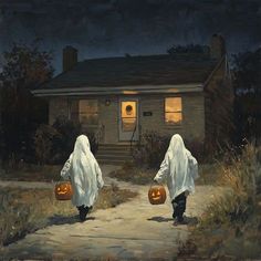 two people in white coats carrying jack - o'- lanterns down a path to a house