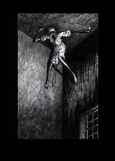 a black and white drawing of a person hanging from the ceiling with their arms outstretched