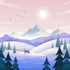 a deer is standing in the middle of a snowy landscape with trees and birds flying overhead