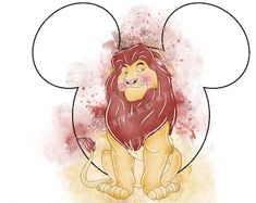 a drawing of a lion sitting in front of a mickey mouse head with watercolor splashs on it