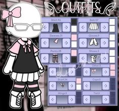 a cartoon character standing next to a board with clothes on it and the words outfits below