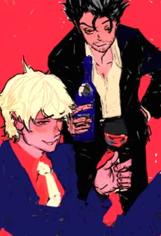 two men sitting next to each other with drinks in their hands and one holding a beer bottle