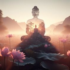 a buddha statue sitting on top of a lush green field filled with pink lotuses