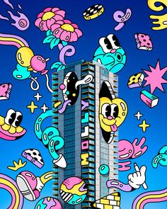 a tall building with lots of cartoon characters on it's face and hands in the air