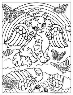 a coloring page with an image of a cat surrounded by butterflies and rainbows in the background