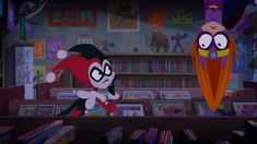 an animated character standing in front of a bookshelf filled with children's books