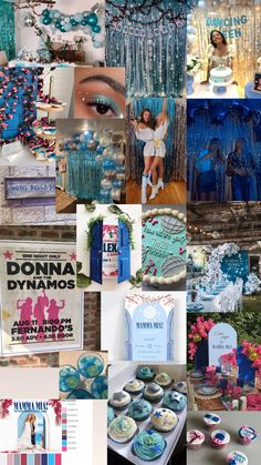 the collage shows many different things that are in this photo, including blue and pink