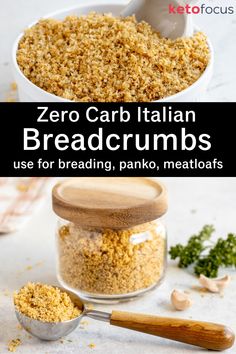 Fluffy keto breadcrumbs in a bowl. Below is a spoon holding breadcrumbs in front of a jar with more breadcrumbs. Garlic cloves and parsley are off to the side. Healthy Bread Crumbs, Keto Breadcrumbs, Keto Bread Crumbs, Keto Panko Crumbs, Keto Bread Crumbs Substitute, Gf Panko Bread Crumbs, Substitute For Bread Crumbs, Bread Substitute, Carb Alternatives