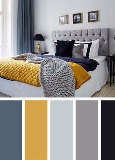 a bedroom with yellow and gray colors