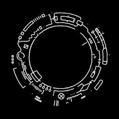 a black and white drawing of a circular object on a dark background with the words, `