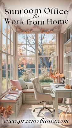 the sunroom office for work from home is featured in this magazine, with fall foliage on the window sill