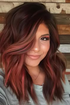 Light Brown Hair With Color Streaks, Bright Copper Highlights On Brown Hair, Red Hair With Dark Highlights, Fun Brunette Hair Color Ideas, Light Brown Hair With Red Highlights, Brownish Red Hair With Blonde Highlights, Red Brown Balayage, Reddish Brown Hair With Highlights, Brunette With Red