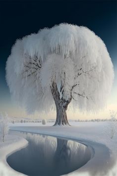 a white tree with snow on the ground next to a lake and trees covered in ice