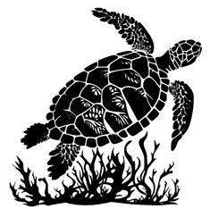 a black and white silhouette of a sea turtle swimming in the ocean with corals