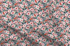 an image of a flowered fabric with red and pink flowers on it, as well as measurements