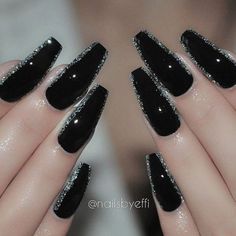 Silver Nail Designs, Black Coffin Nails, Black Nail Designs, Super Nails, Ideas Nails, Homecoming Nails, Silver Nails