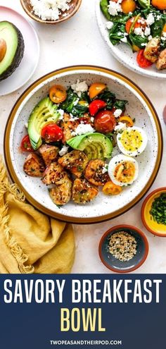 a bowl filled with shrimp, avocado and tomato salad next to other dishes